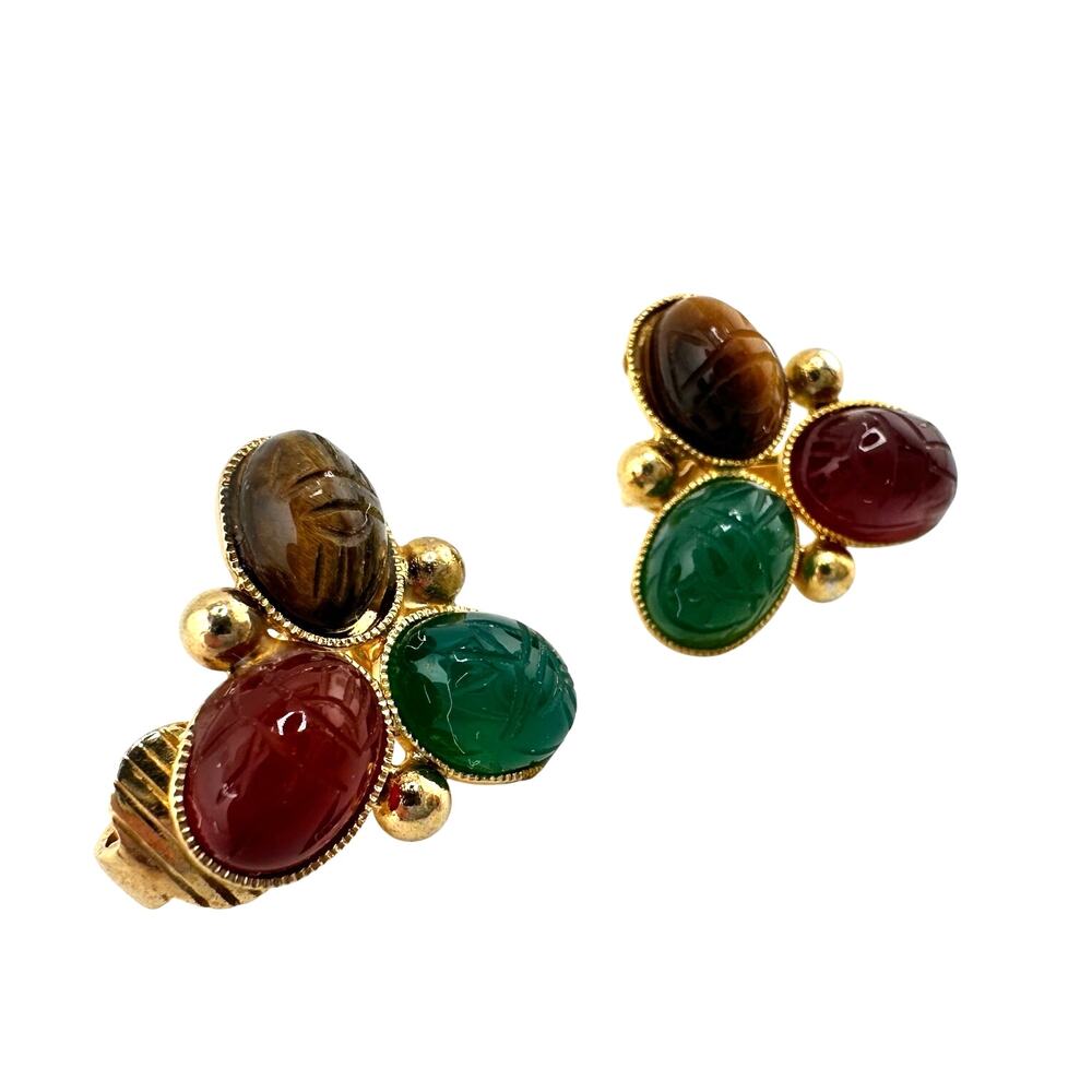 Vintage Carved Scarab Cabachons Tigers Eye Glass Cold Tone .5" Clip On Earrings